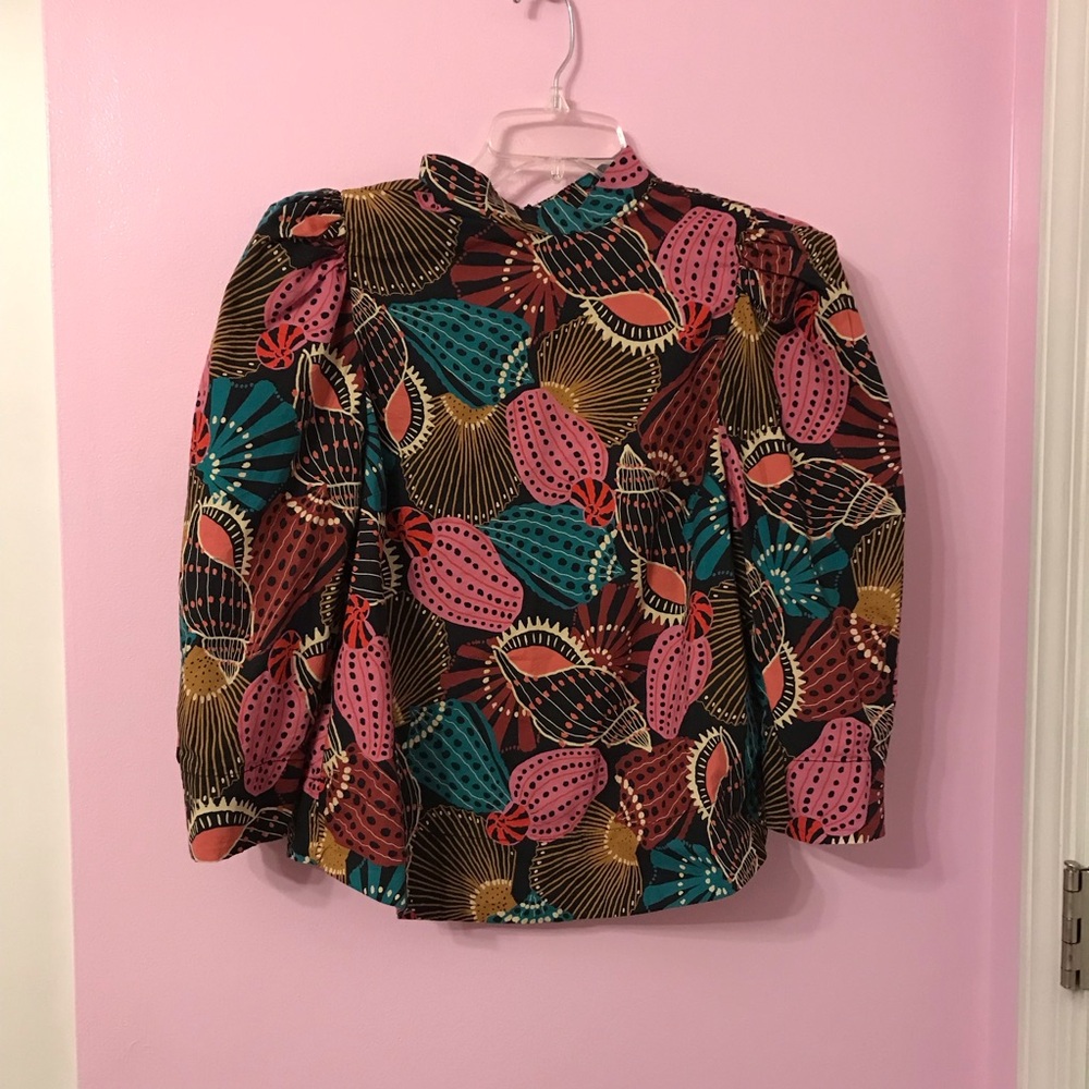 Farm Rio SMALL Shell Mix Puff 3/4 Sleeve Mock Neck Cotton Blouse Fall 2020